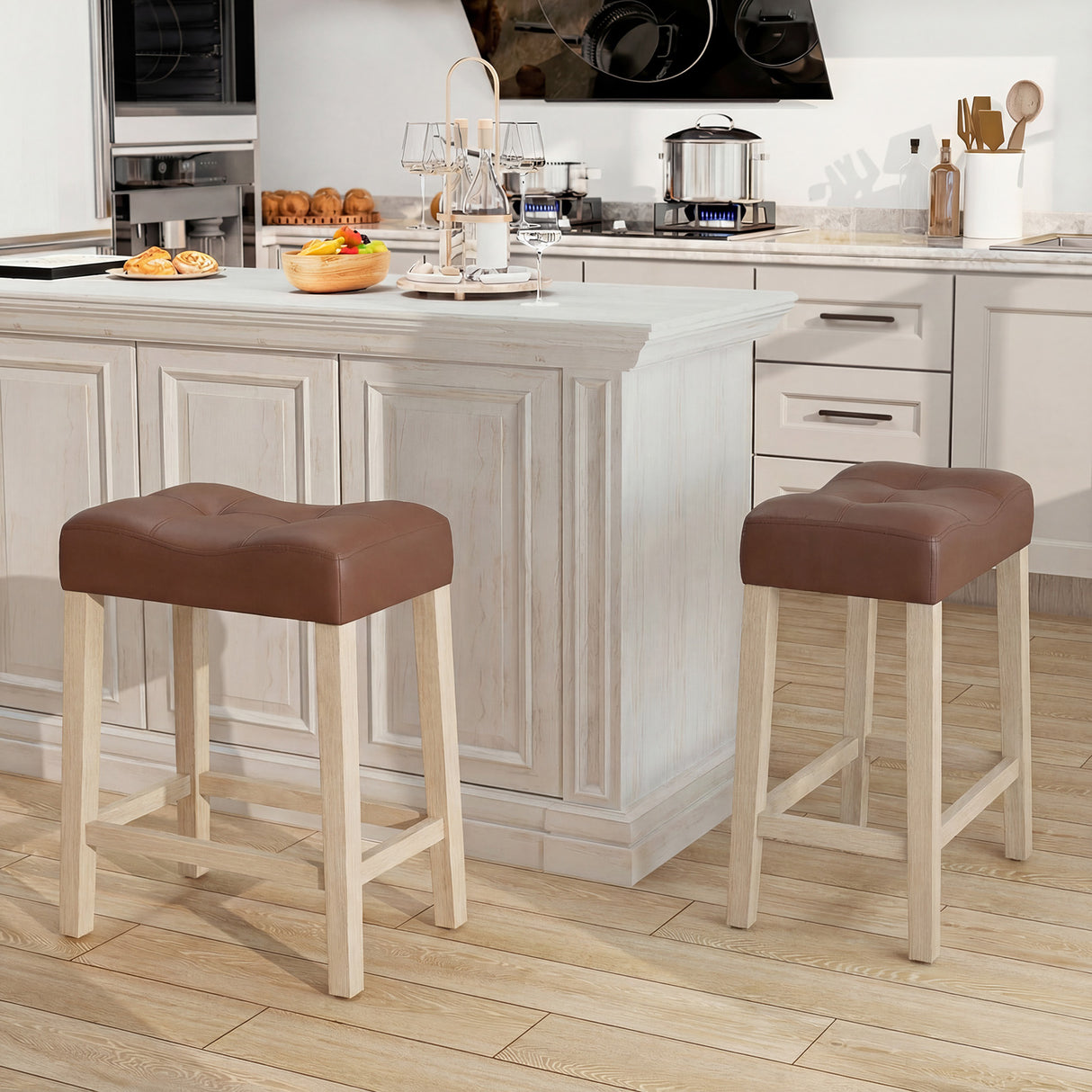 Set of 4 Upholstered Counter Height Bar Stool with Curved Saddle-Seat-Natural
