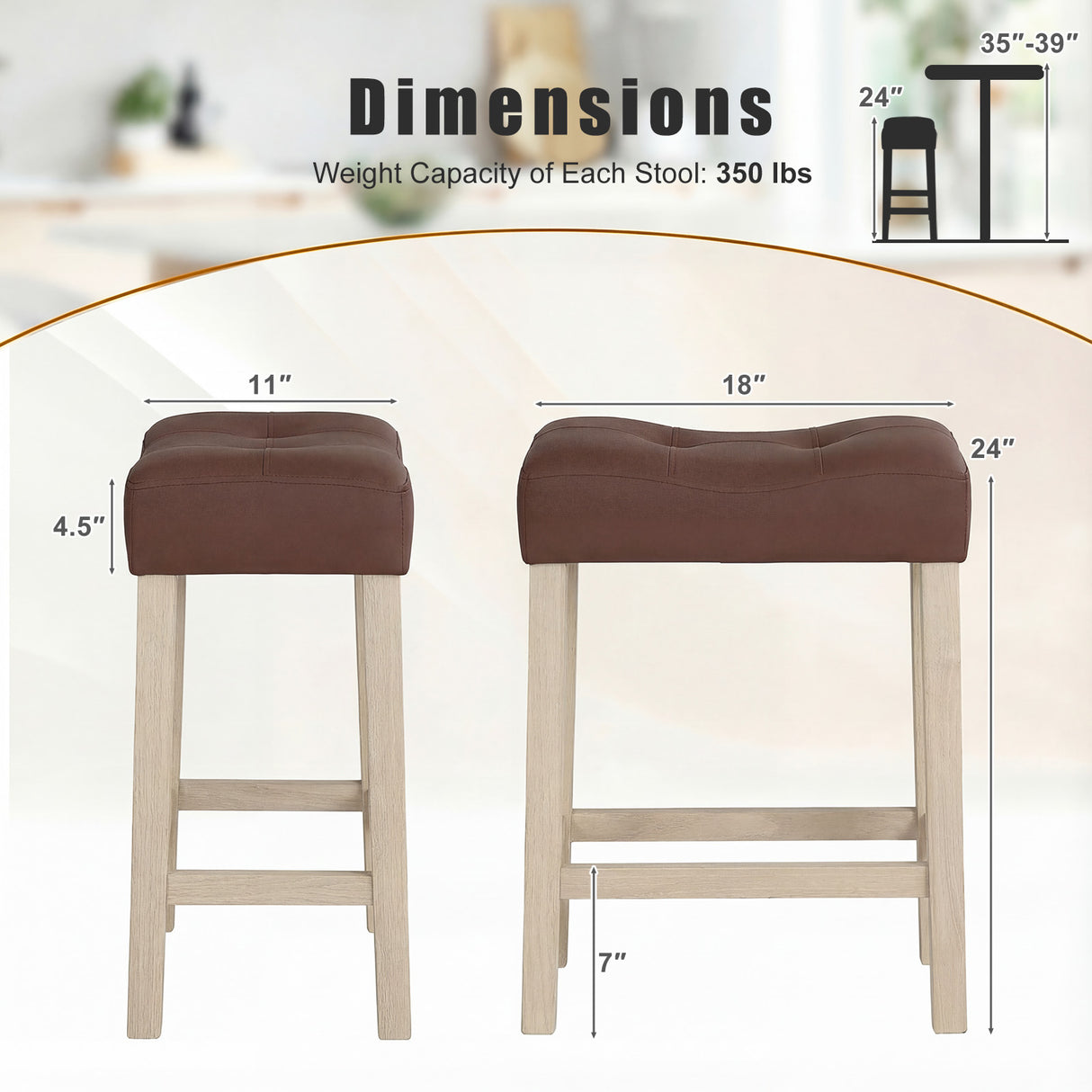 Set of 4 Upholstered Counter Height Bar Stool with Curved Saddle-Seat-Natural