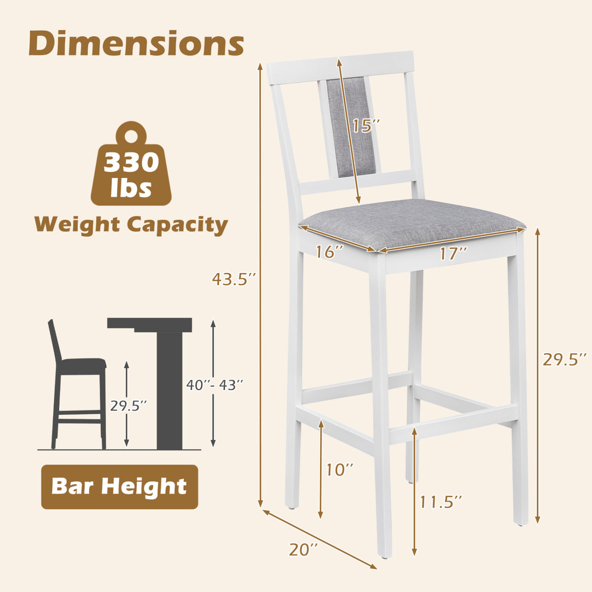 Set of 4 Upholstered Barstool 29.5 Inch Bar Height with Solid Rubber Wood Frame-White