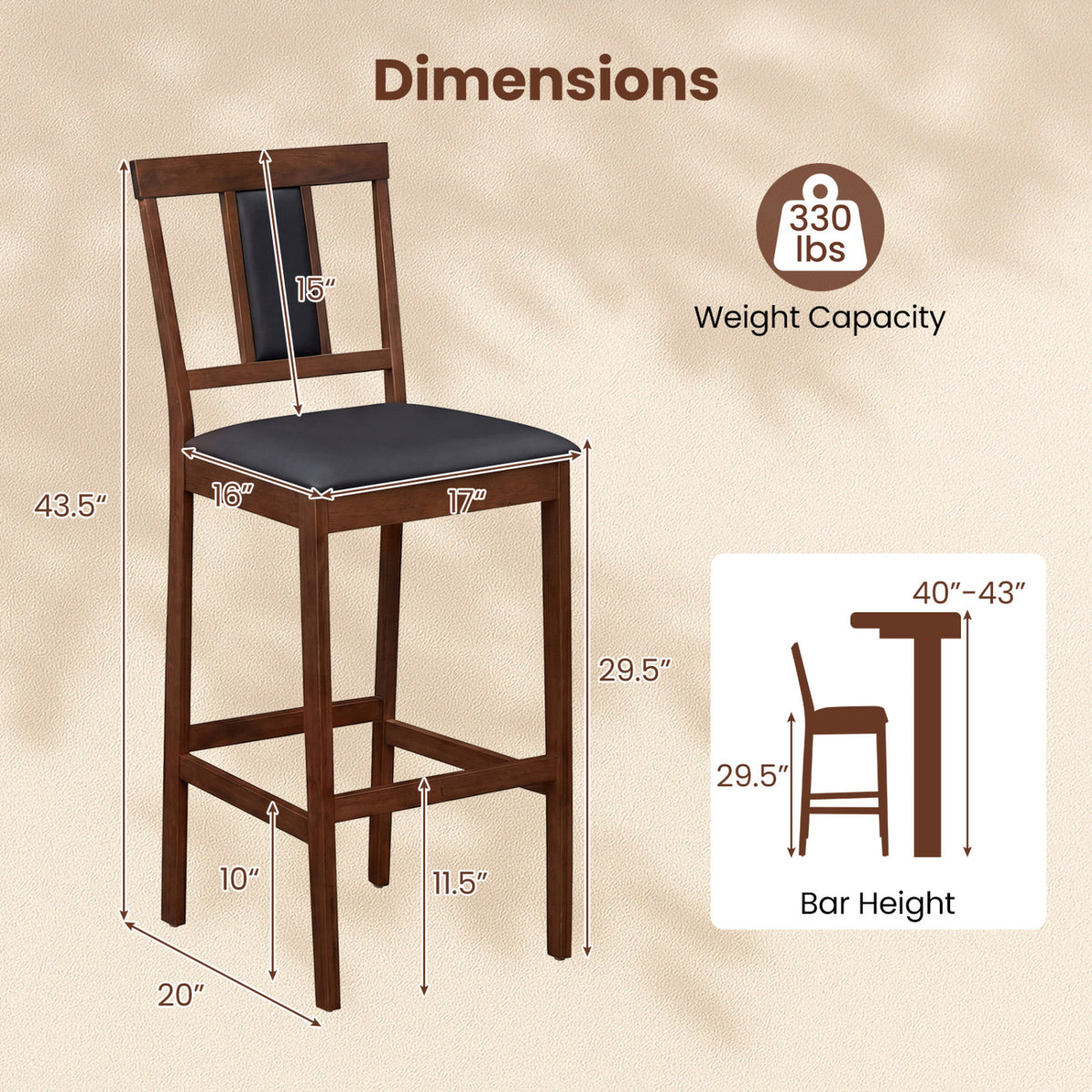 Set of 4 Upholstered Barstool 29.5 Inch Bar Height with Solid Rubber Wood Frame-Walnut