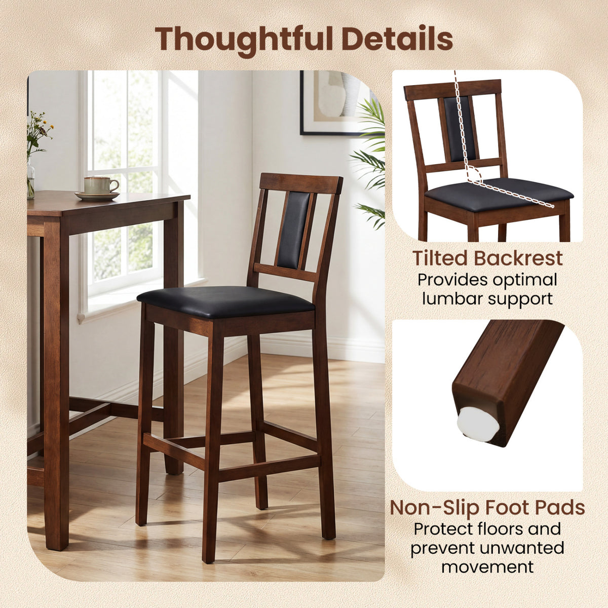 Set of 4 Upholstered Barstool 29.5 Inch Bar Height with Solid Rubber Wood Frame-Walnut