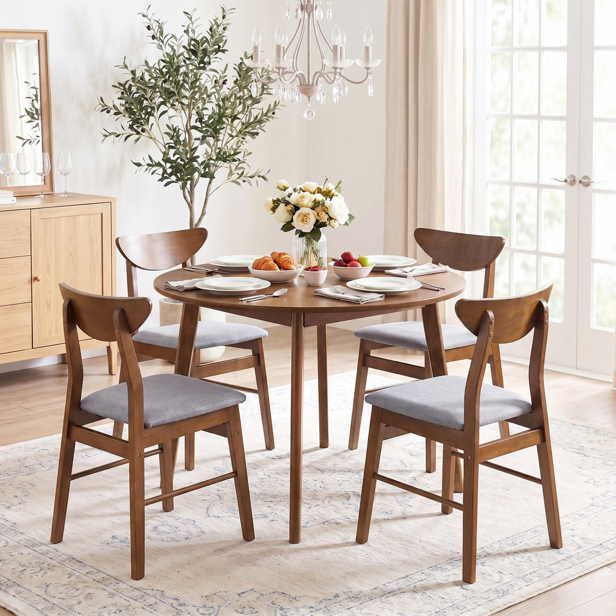 Set of 4 Upholstered Dining Chairs with Curved Backrest and Rubber Wood Frame-Walnut