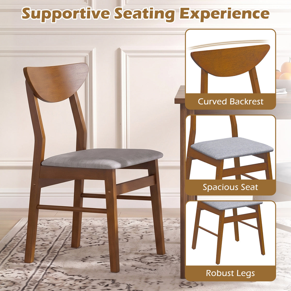Set of 4 Upholstered Dining Chairs with Curved Backrest and Rubber Wood Frame-Walnut