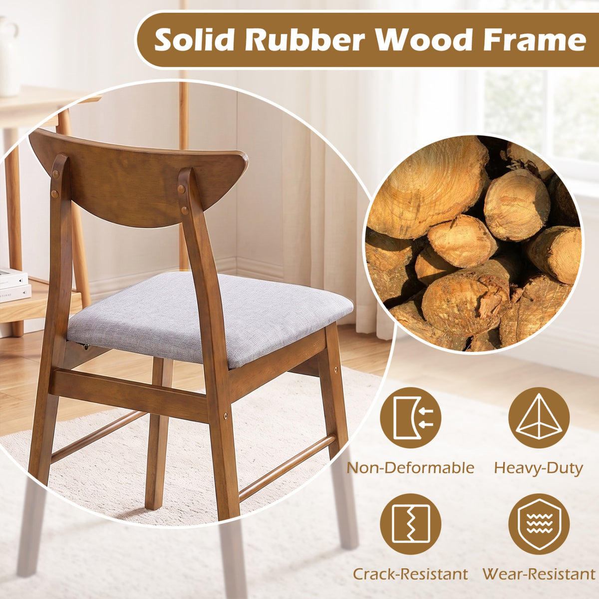 Set of 4 Upholstered Dining Chairs with Curved Backrest and Rubber Wood Frame-Walnut