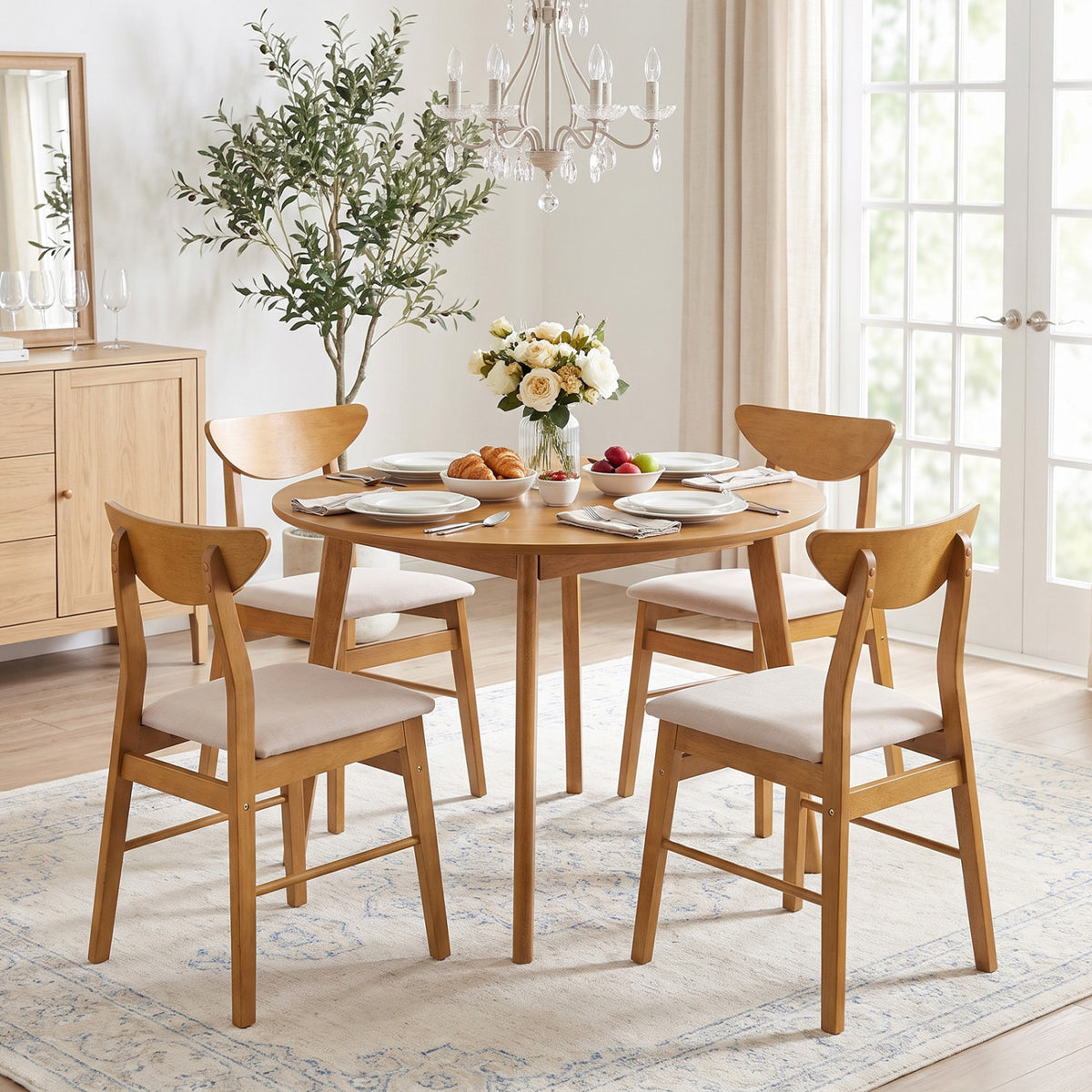 Set of 4 Upholstered Dining Chairs with Curved Backrest and Rubber Wood Frame-Natural