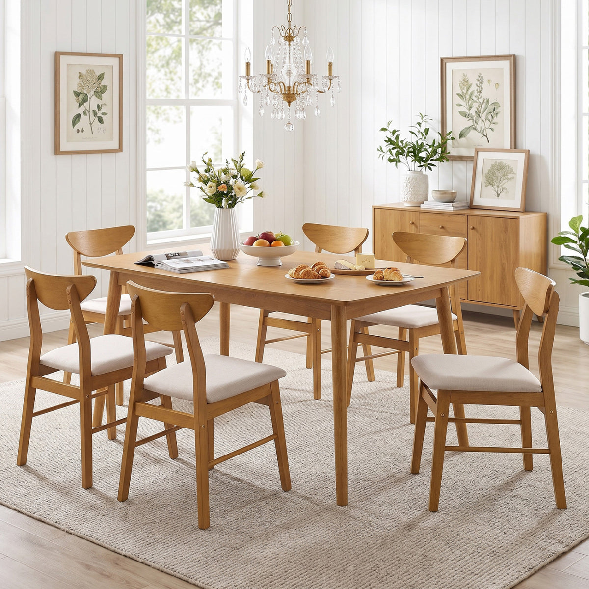 Set of 4 Upholstered Dining Chairs with Curved Backrest and Rubber Wood Frame-Natural