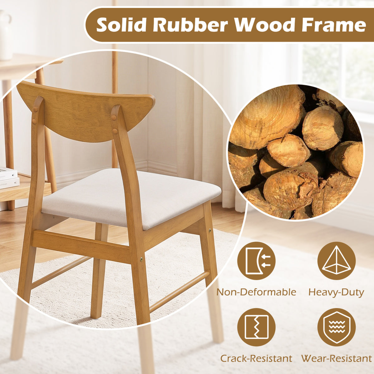 Set of 4 Upholstered Dining Chairs with Curved Backrest and Rubber Wood Frame-Natural
