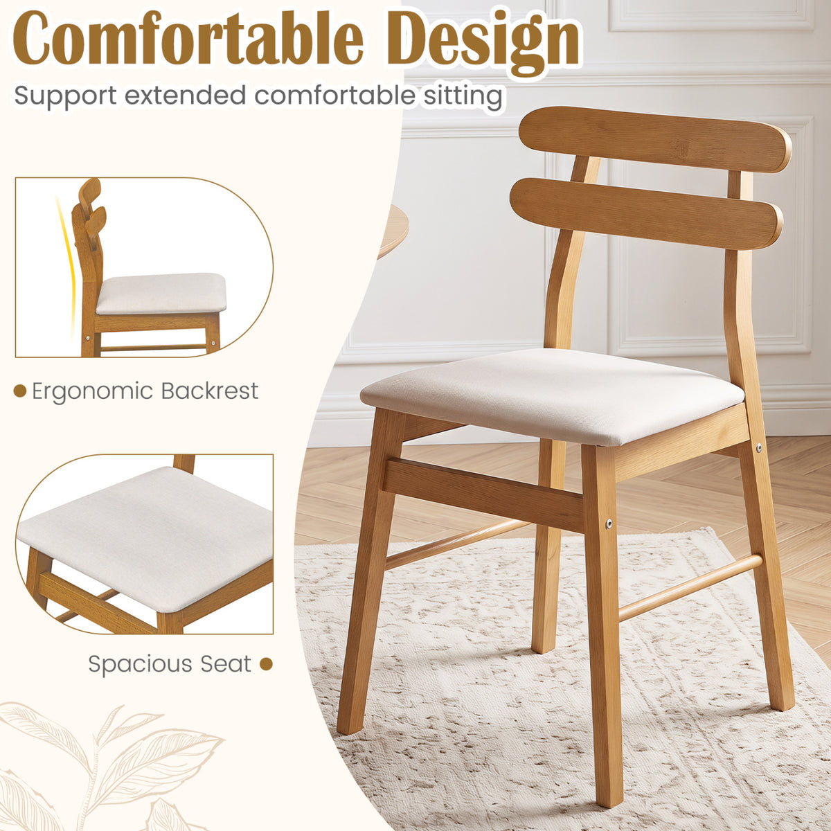 Set of 4 Upholstered Dining Chairs with Padded Seat and Solid Wood Legs-Natural