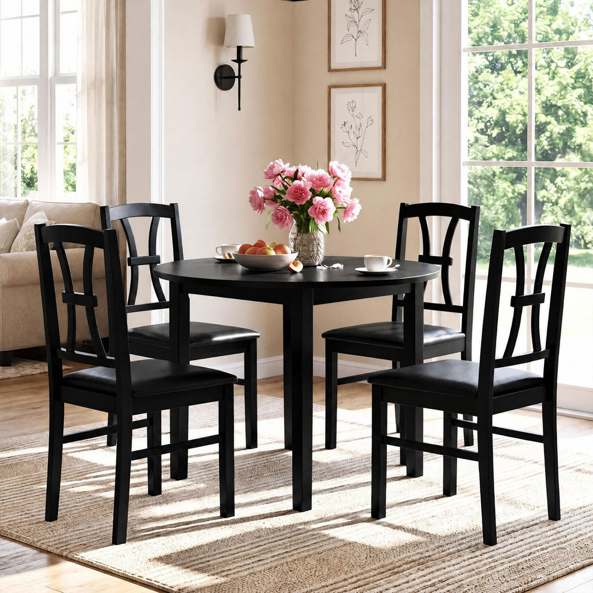 Set of 4 Wooden Dining Chairs with Faux Leather Padded Seat for Kitchen-Black