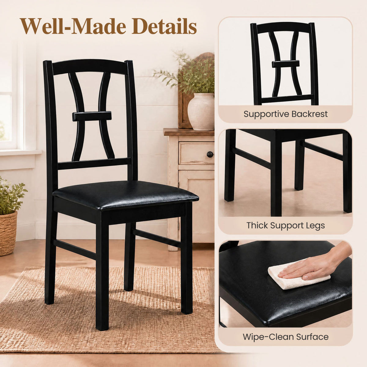 Set of 4 Wooden Dining Chairs with Faux Leather Padded Seat for Kitchen-Black