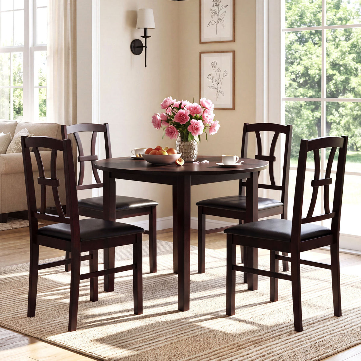 Set of 4 Wooden Dining Chairs with Faux Leather Padded Seat for Kitchen-Brown
