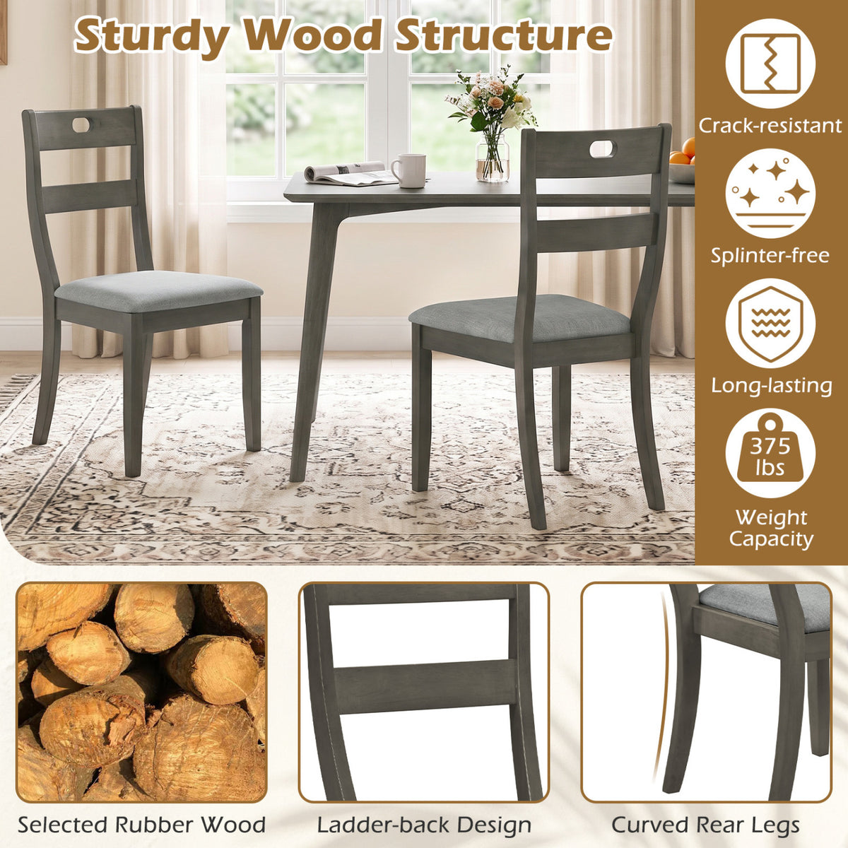 Set of 4 Wooden Dining Chairs with Padded Seats and Rubber Wood Frame-Gray