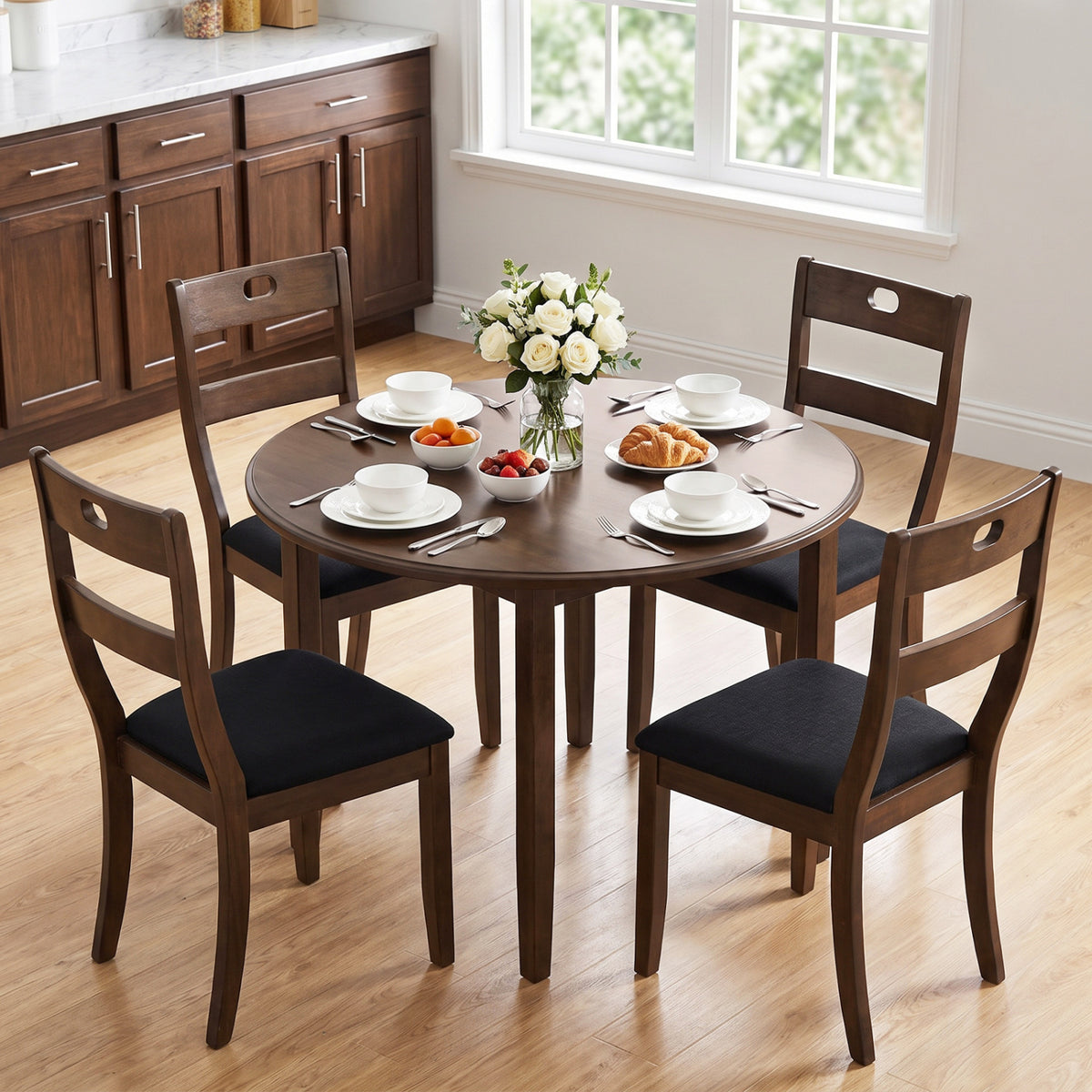 Set of 4 Wooden Dining Chairs with Padded Seats and Rubber Wood Frame-Walnut