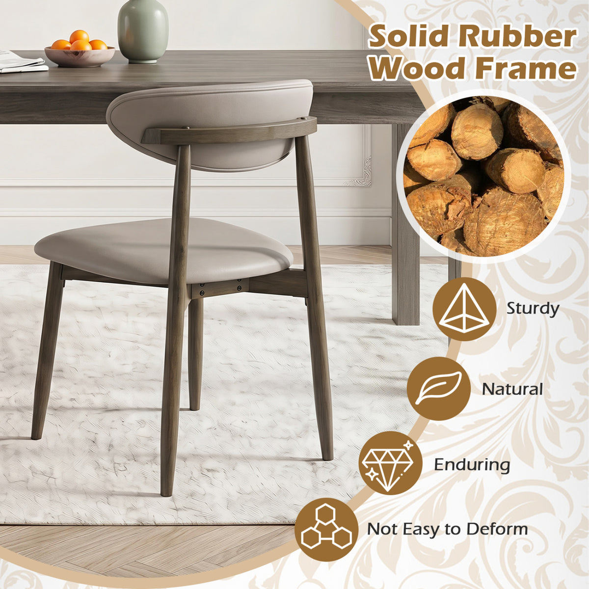 Set of 4 Wooden Modern Upholstered Dining Chairs with Curved Backrest-Gray