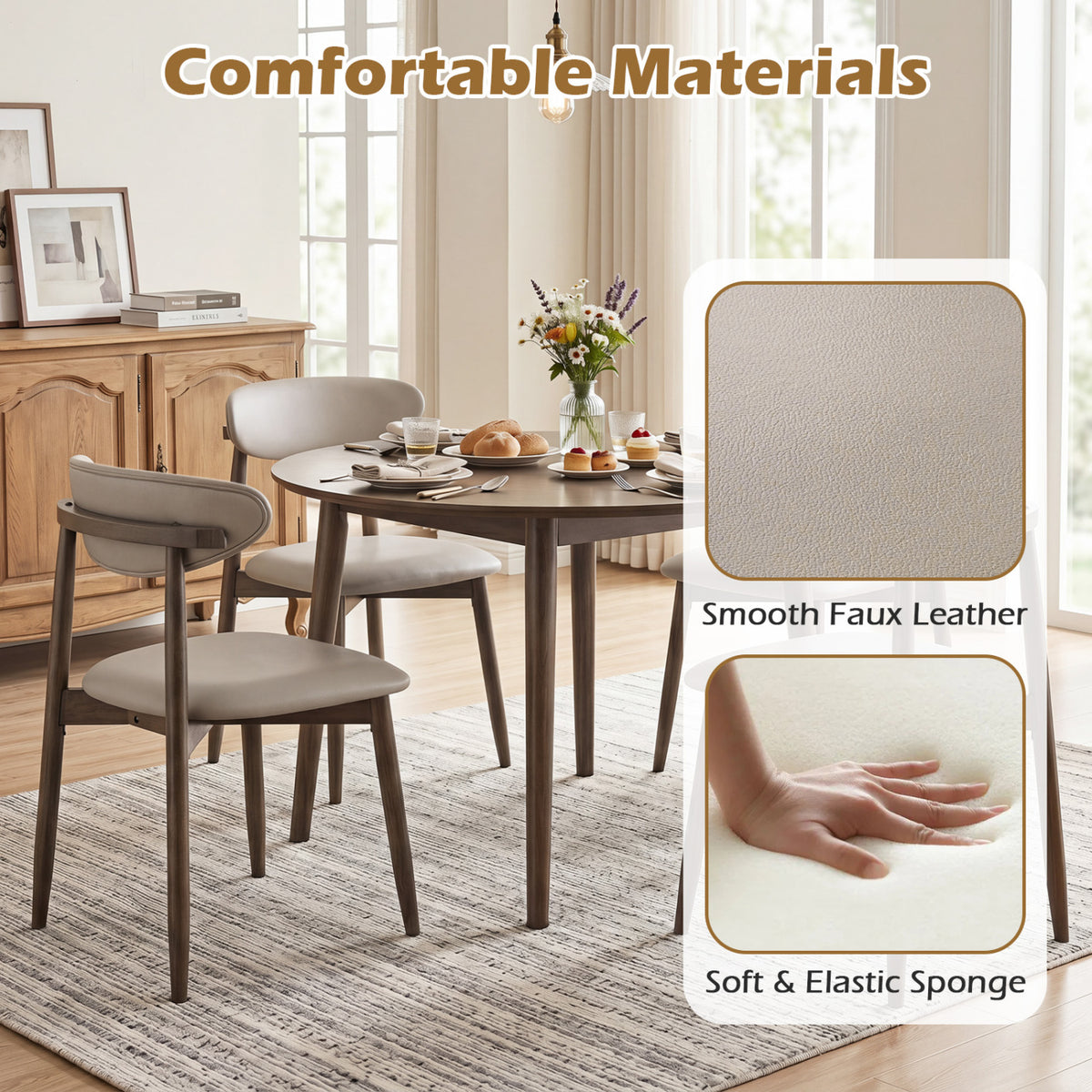 Set of 4 Wooden Modern Upholstered Dining Chairs with Curved Backrest-Gray