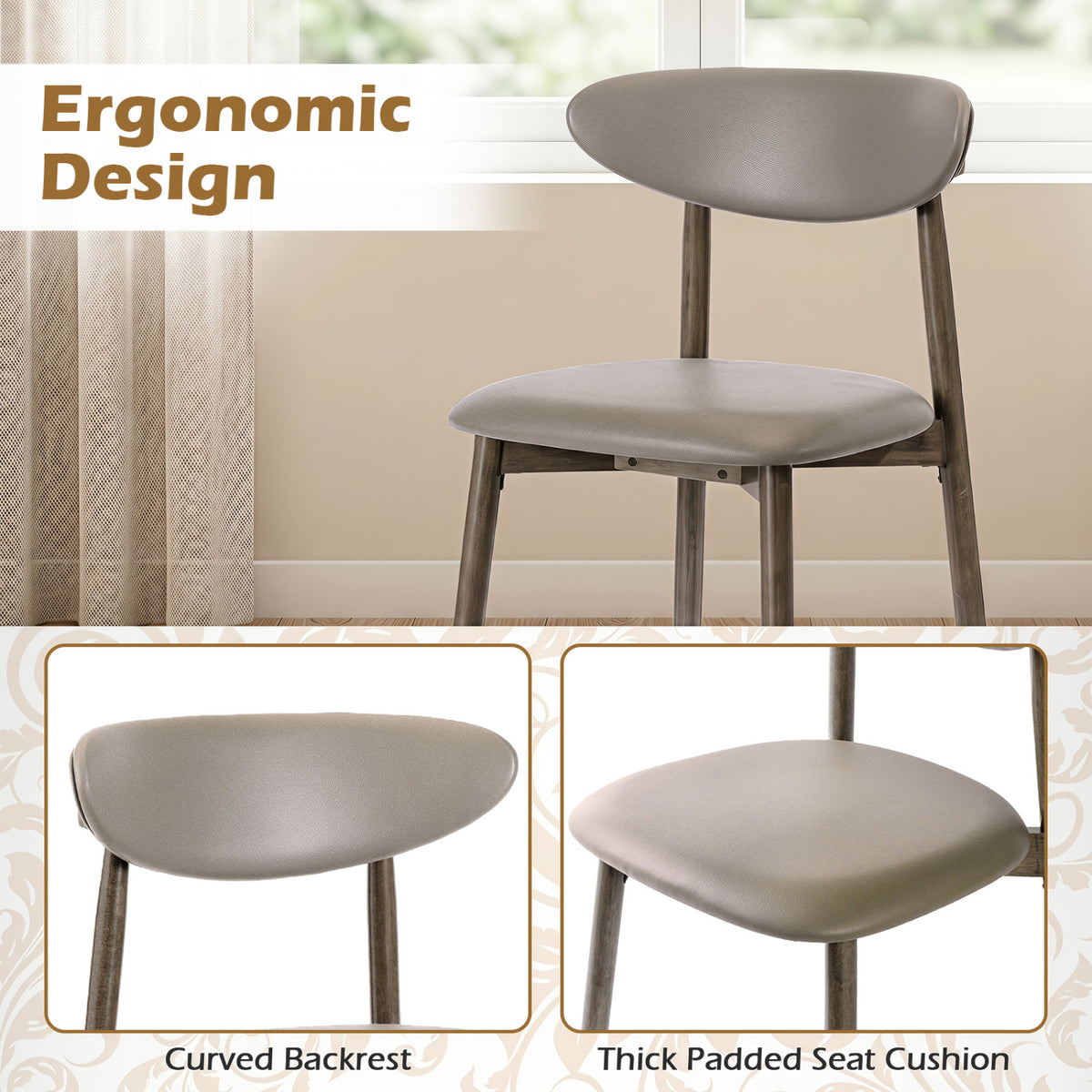 Set of 4 Wooden Modern Upholstered Dining Chairs with Curved Backrest-Gray