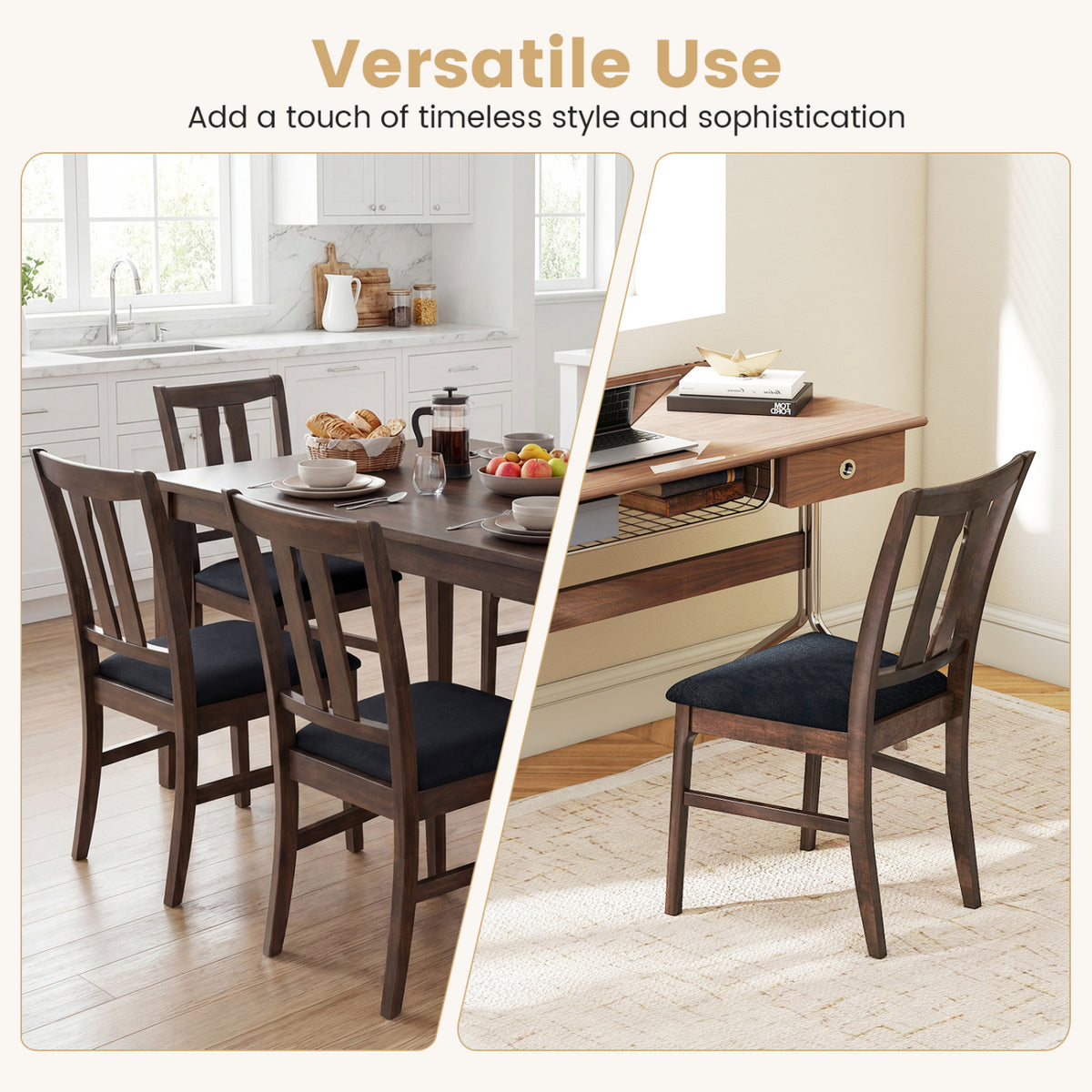 Set of 4 Wooden Upholstered Dining Chairs with High Curved Back-Walnut