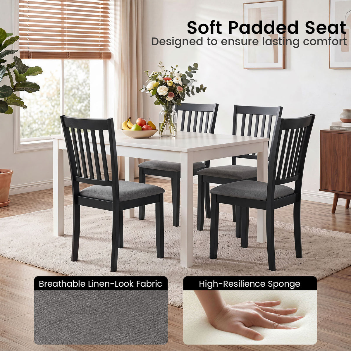 Set of 4 Wooden Upholstered Dining Chairs with Rubber Wood Frame-Black