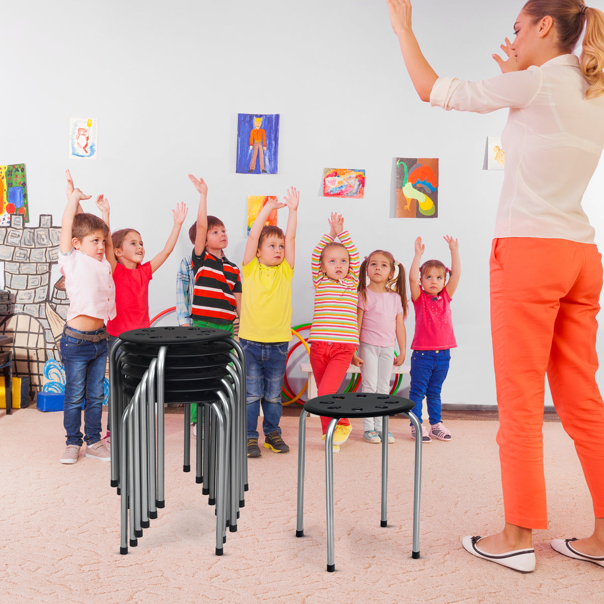 Set of 6 Portable Plastic Stack Stools-Black