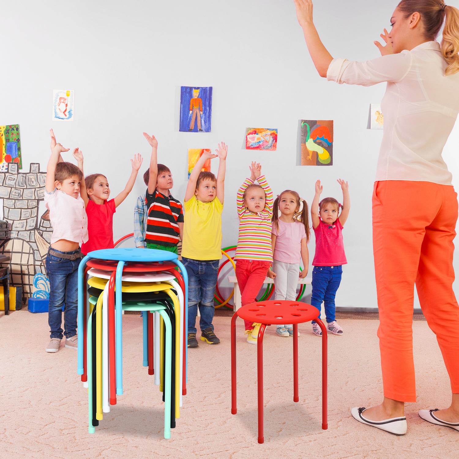 Set of 6 Portable Plastic Stack Stools-Black