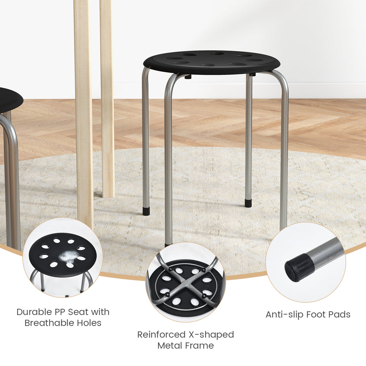 Set of 6 Portable Plastic Stack Stools-Black