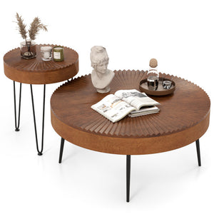Set of 2 Boho Round Coffee Table with Solid Pine Wood Top and Metal Legs-Brown