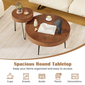 Set of 2 Boho Round Coffee Table with Solid Pine Wood Top and Metal Legs-Brown