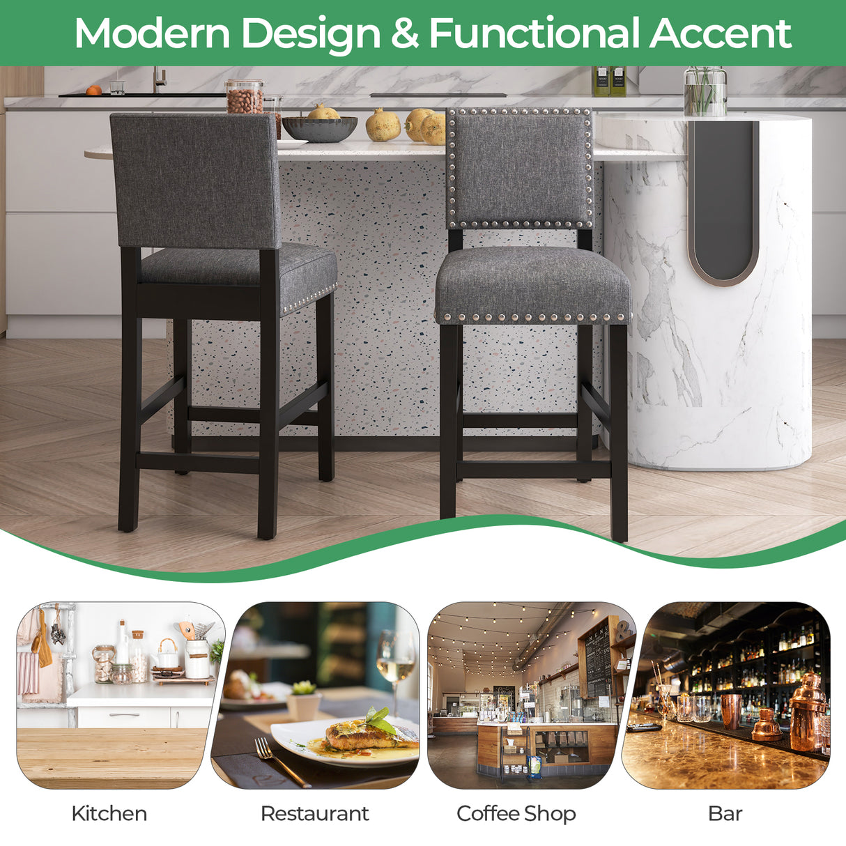 38.5/43.5 Inch Set of 2 Counter Height Chairs with Solid Rubber Wood Frame-S
