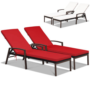 2 Pieces Patio Rattan Reclining Chaise Lounge Chair with Cushion and Armrest-Red & White