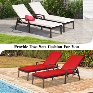 2 Pieces Patio Rattan Reclining Chaise Lounge Chair with Cushion and Armrest-Red & White