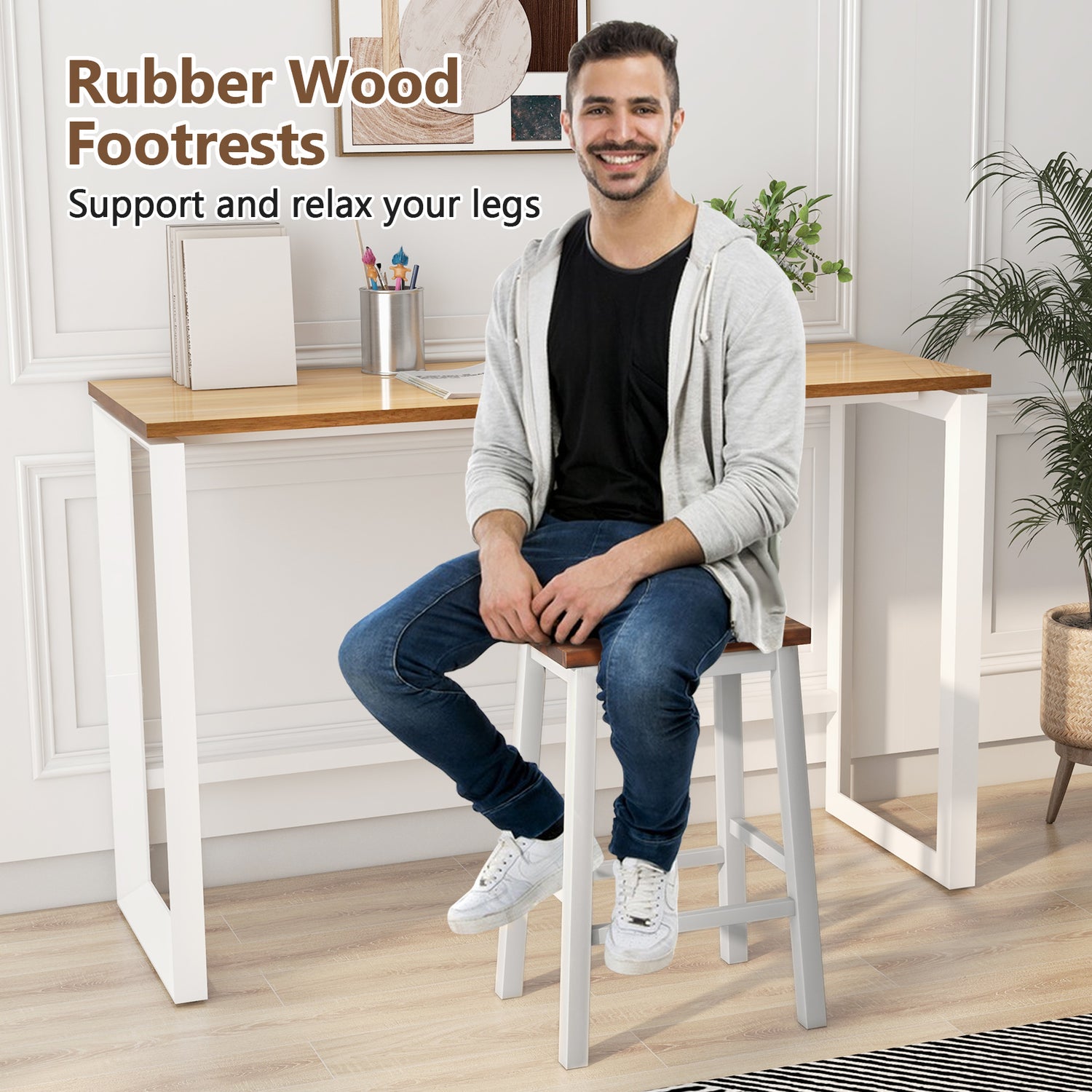 24.5-Inch Set of 2 Saddle Stools Bar Stools with Footrests for Kitchen Island-Walnut & Gray