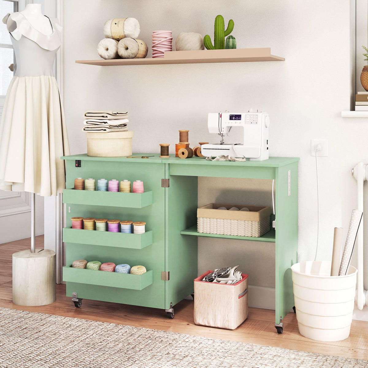Sewing Machine Table with Charging Station and Lockable Casters-Green