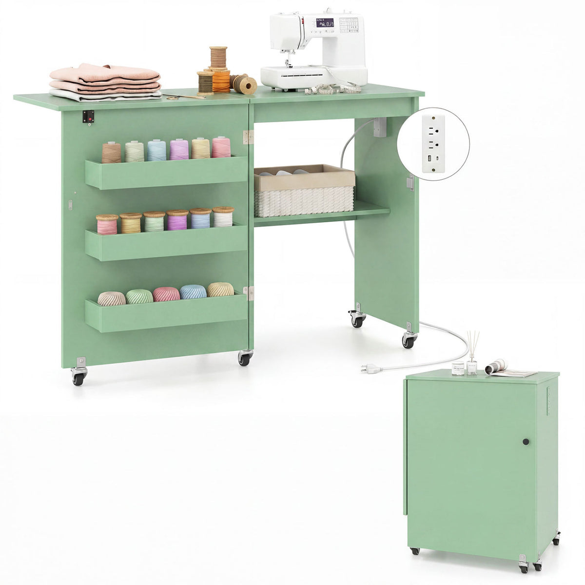 Sewing Machine Table with Charging Station and Lockable Casters-Green