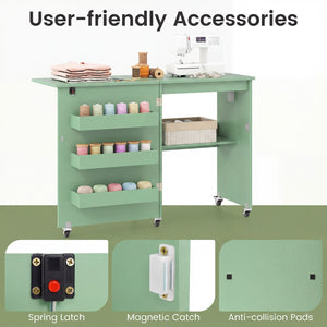 Sewing Machine Table with Charging Station and Lockable Casters-Green