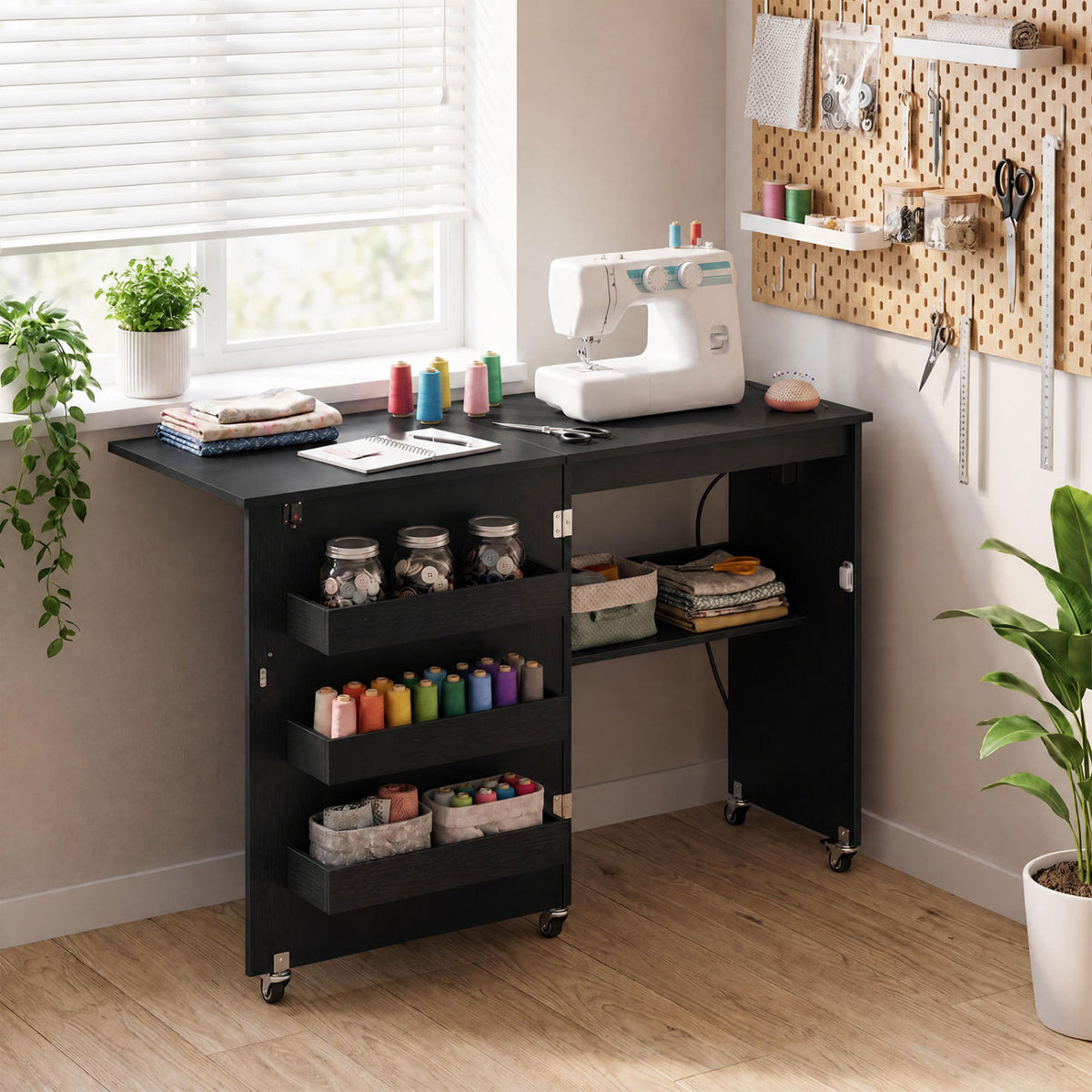 Sewing Machine Table with Charging Station and Lockable Casters-Black