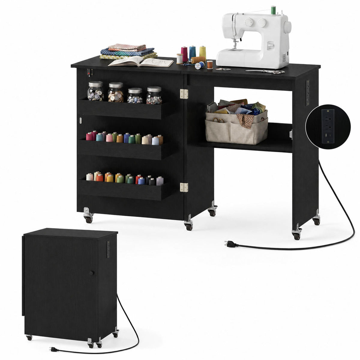 Sewing Machine Table with Charging Station and Lockable Casters-Black