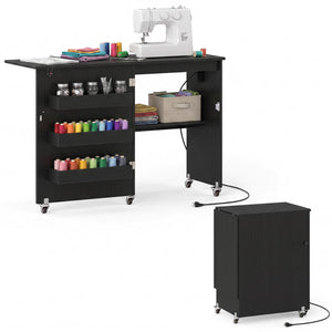 Sewing Machine Table with Charging Station and Lockable Casters-Black