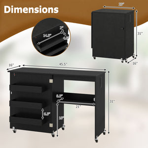 Sewing Machine Table with Charging Station and Lockable Casters-Black