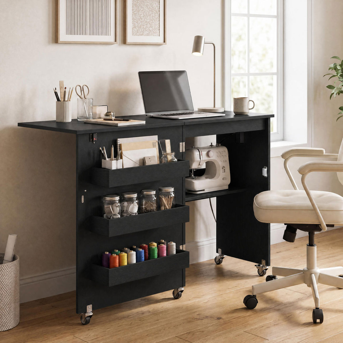 Sewing Machine Table with Charging Station and Lockable Casters-Black