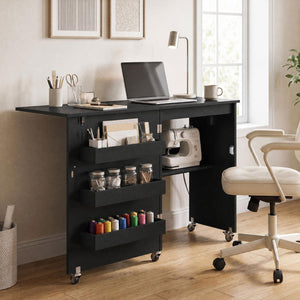 Sewing Machine Table with Charging Station and Lockable Casters-Black