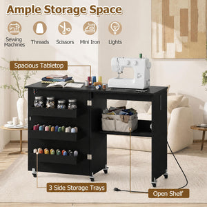Sewing Machine Table with Charging Station and Lockable Casters-Black