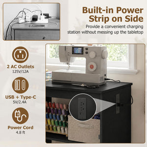 Sewing Machine Table with Charging Station and Lockable Casters-Black