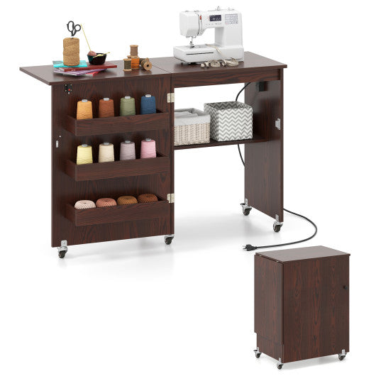 Sewing Machine Table with Charging Station and Lockable Casters-Brown