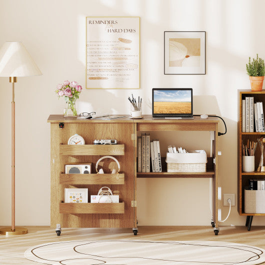 Sewing Machine Table with Charging Station and Lockable Casters-Natural
