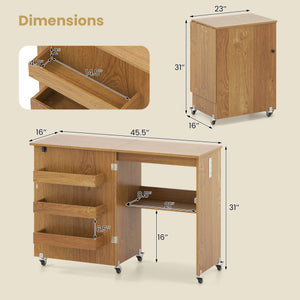 Sewing Machine Table with Charging Station and Lockable Casters-Natural