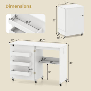 Sewing Machine Table with Charging Station and Lockable Casters-White