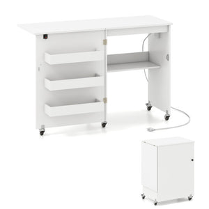 Sewing Machine Table with Charging Station and Lockable Casters-White