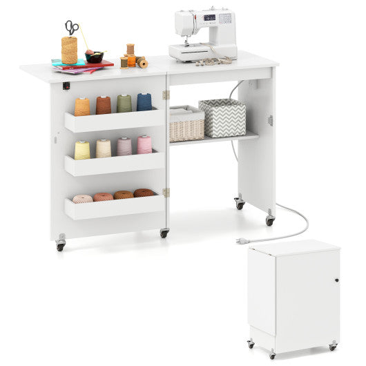Sewing Machine Table with Charging Station and Lockable Casters-White