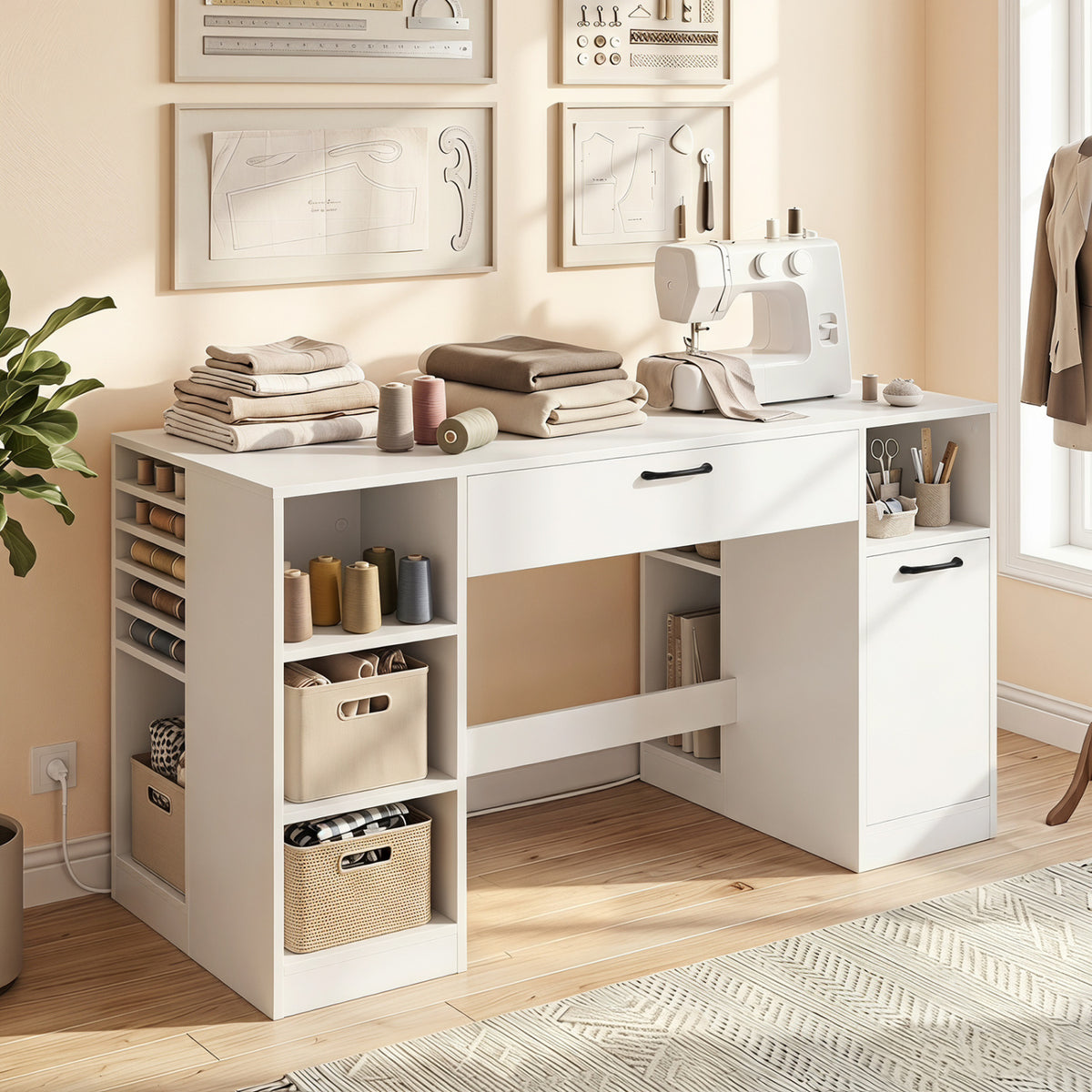 Sewing Table with Power Outlets Craft Station Desk with 2 Drawers Open Compartments-White