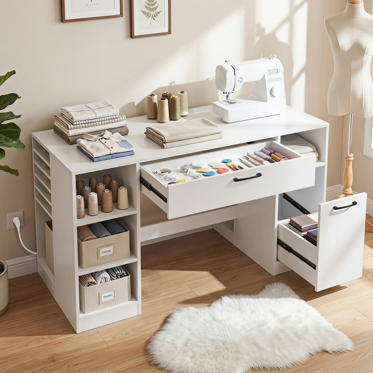 Sewing Table with Power Outlets Craft Station Desk with 2 Drawers Open Compartments-White